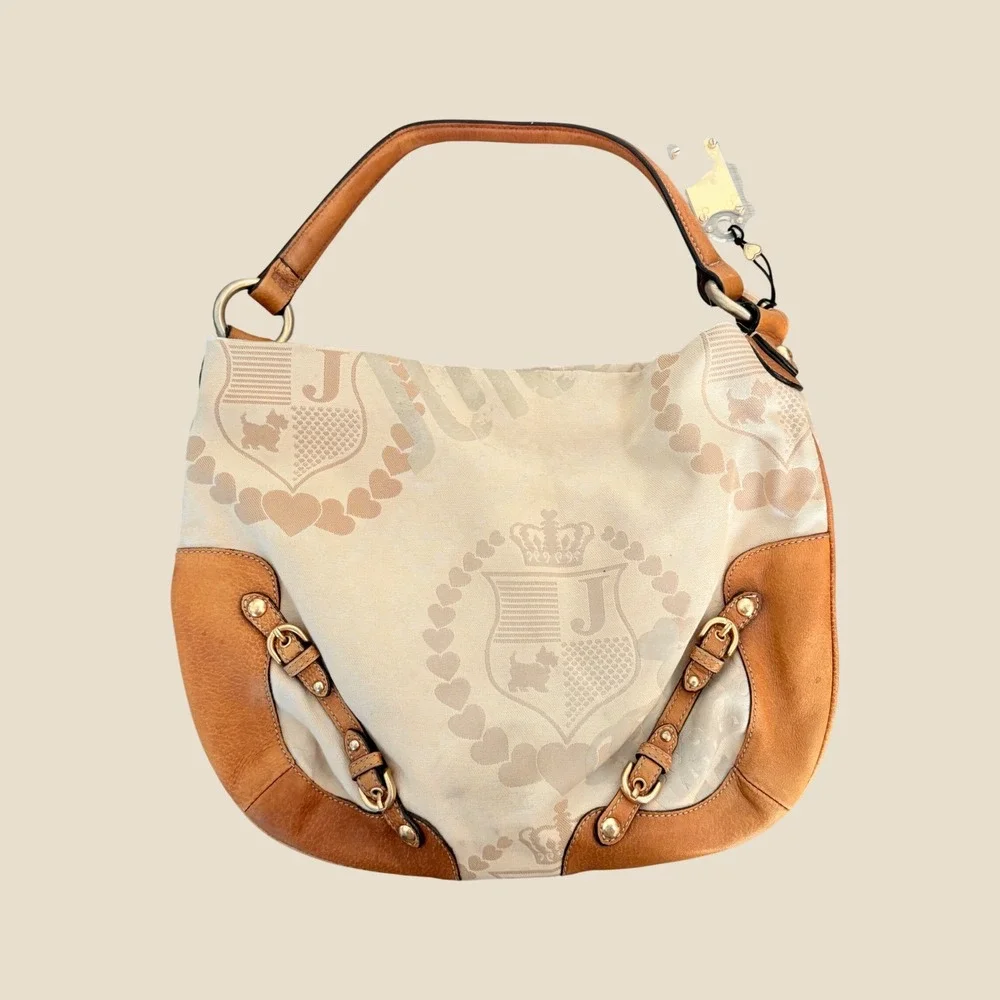 Y2K Juicy Couture Monogram Crest Canvas Hobo Bag Tan Leather Trim Gold Hardware